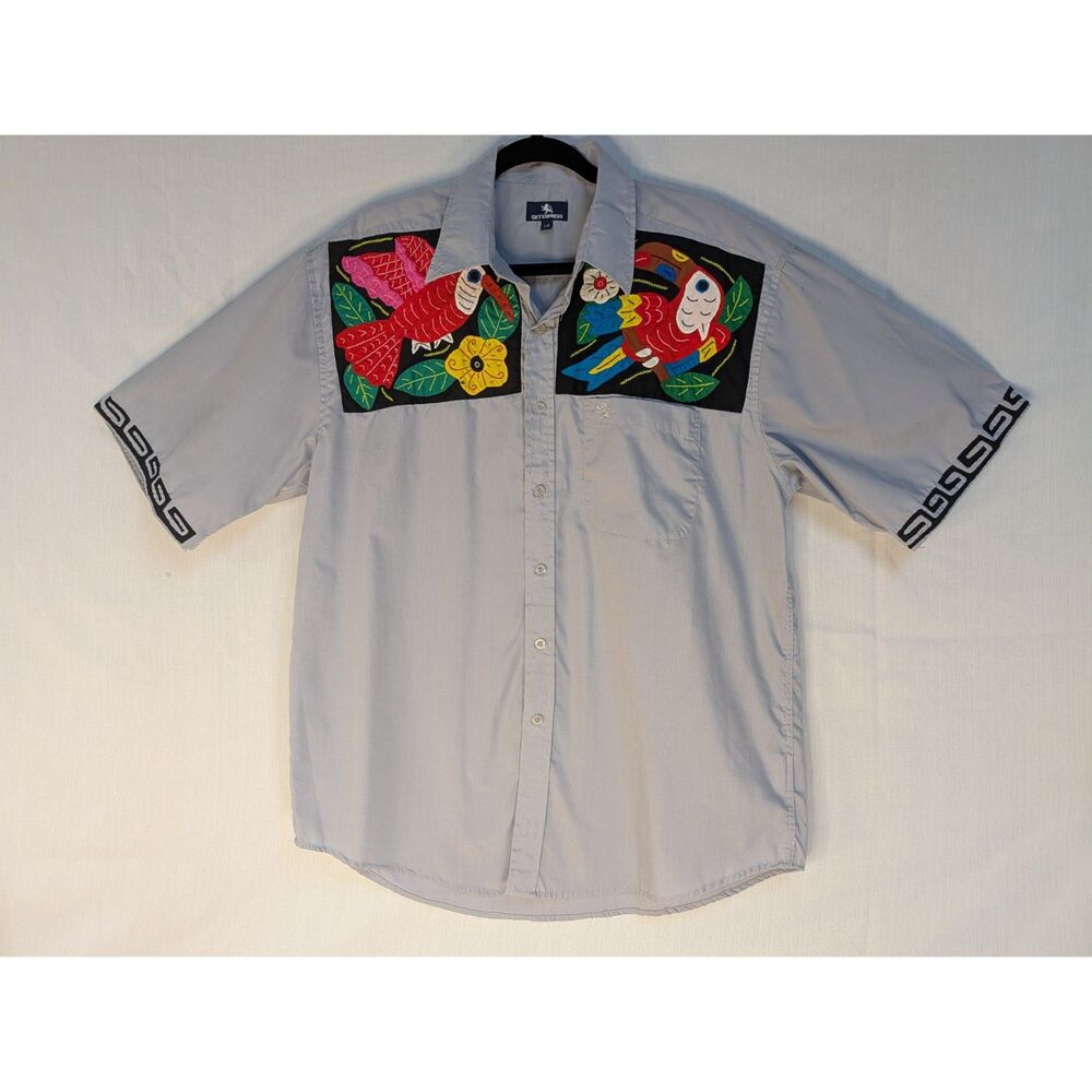 Sky Express Mens L Gray Tropical Bird Applique Embroidered Button Up Camp Shirt